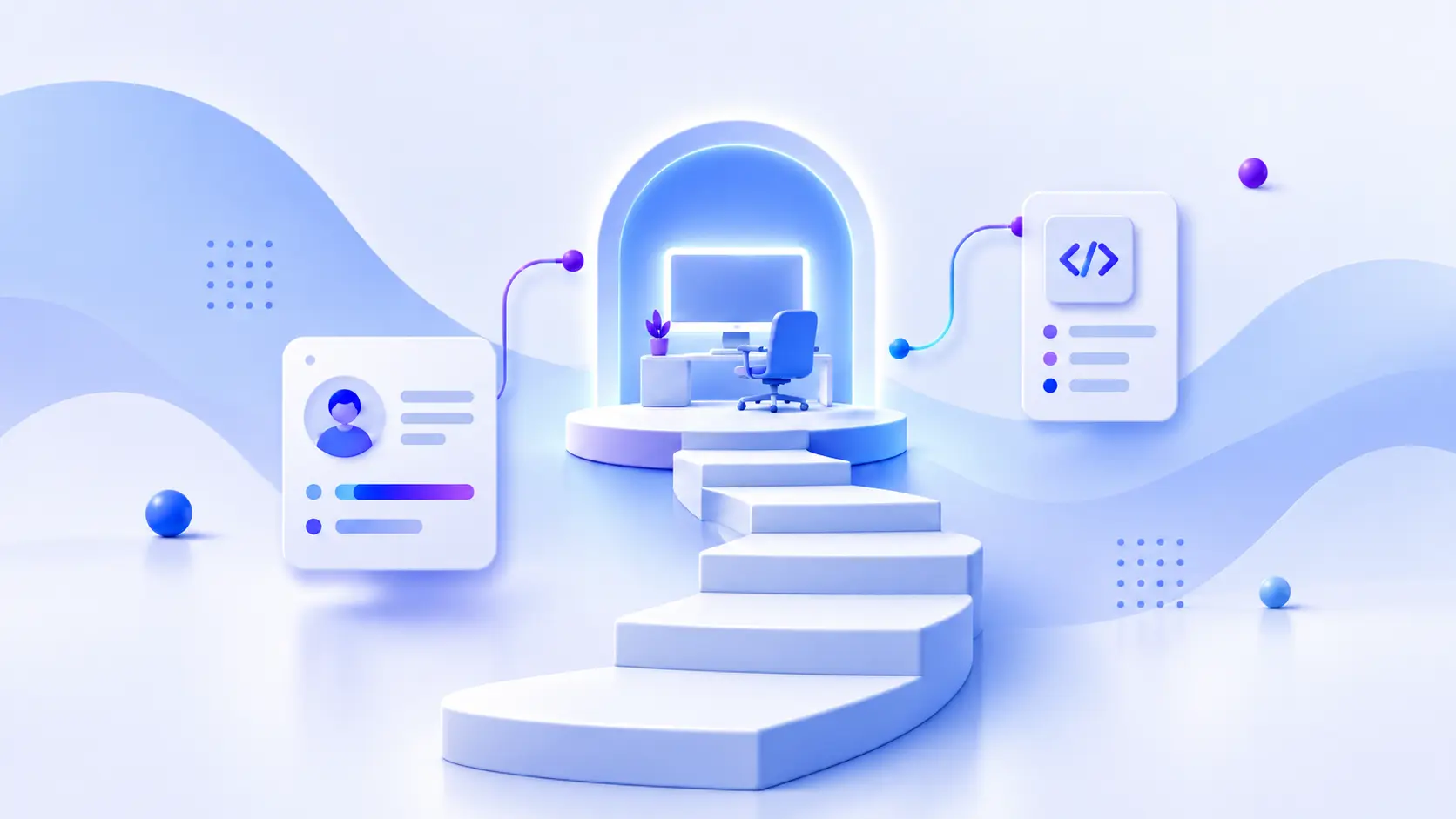 Futuristic Archway Workspace with Floating UI Cards